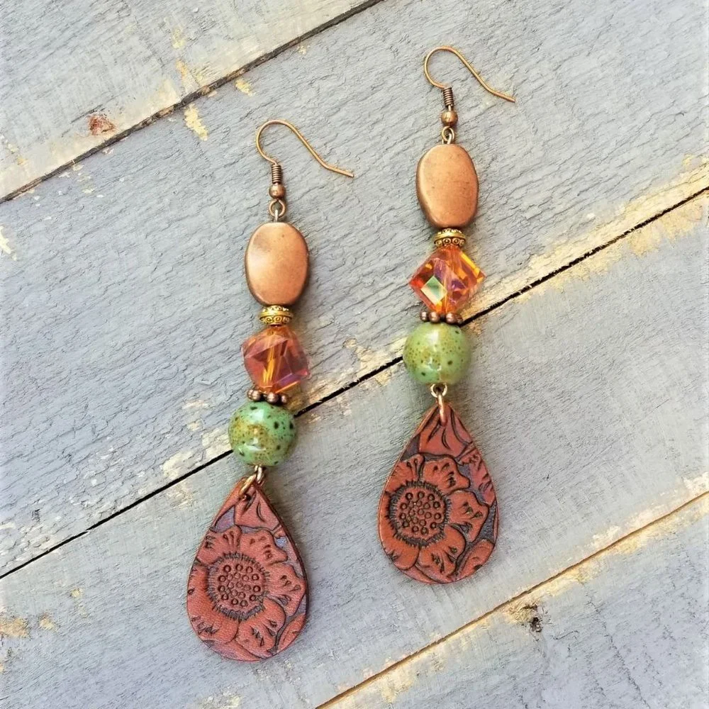 Artisan Earrings Embossed Faux Leather Copper Amber Green Beaded Pierced - Picture 4 of 5